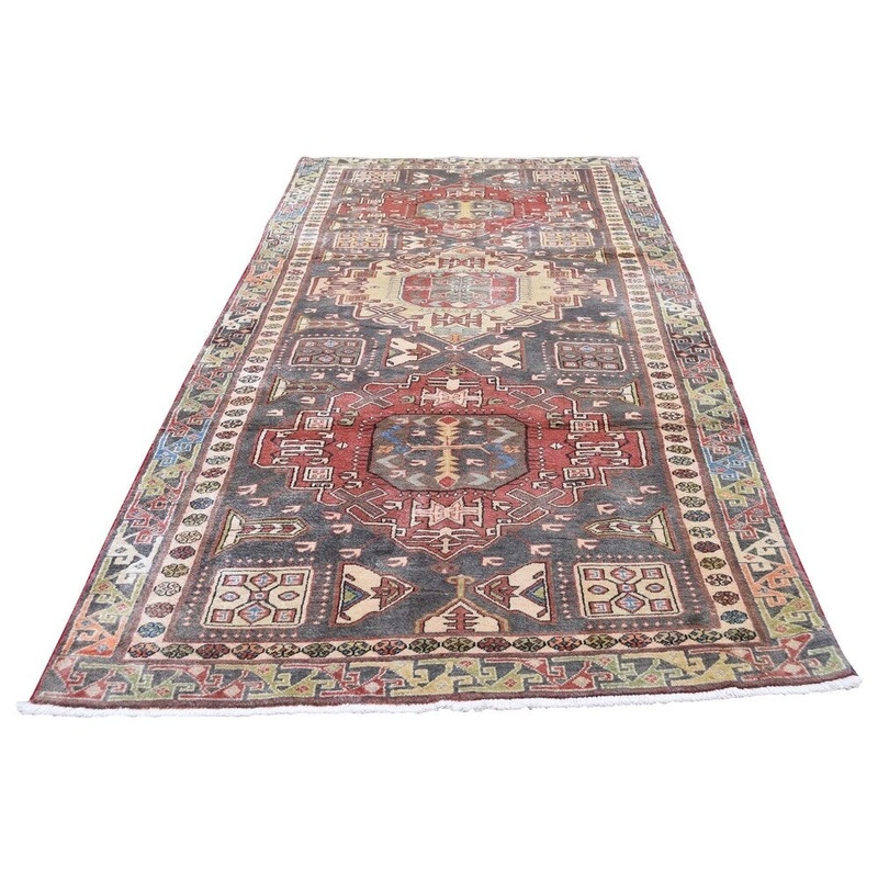 Shahbanu Rugs Grey Vintage North West Persian Bohemian Pure Wool Runner Rug (3'8" x 9'3") - 3'8" x 9'3"