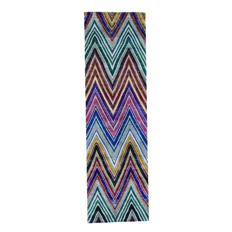 Shahbanu Rugs Hand Knotted Chevron Design Sari Silk With Oxidized Wool Runner Rug (3'0" x 10'4") - 3'0" x 10'4"