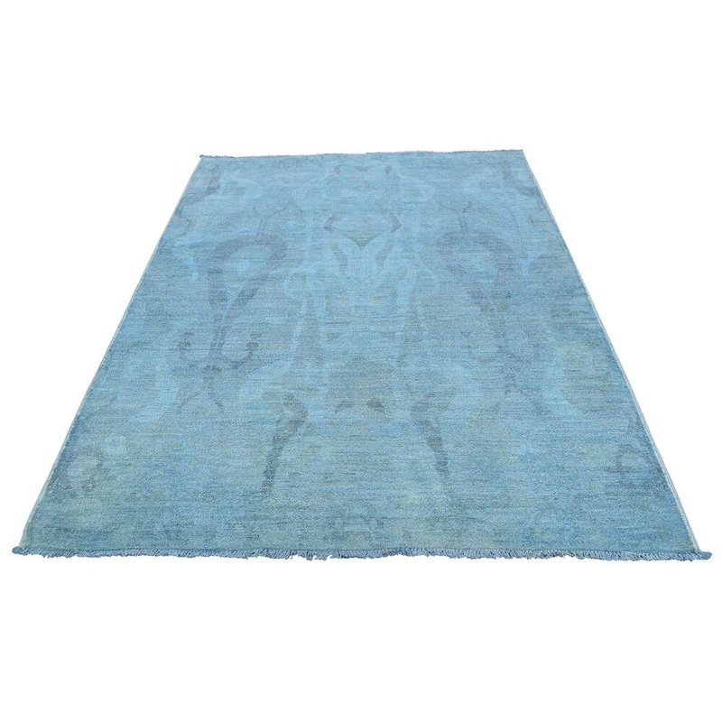 Shahbanu Rugs Hand Knotted Ikat Overdyed Sky Blue Cast Pure Wool Oriental Rug (4'1" x 6'2") - 4'1" x 6'2"