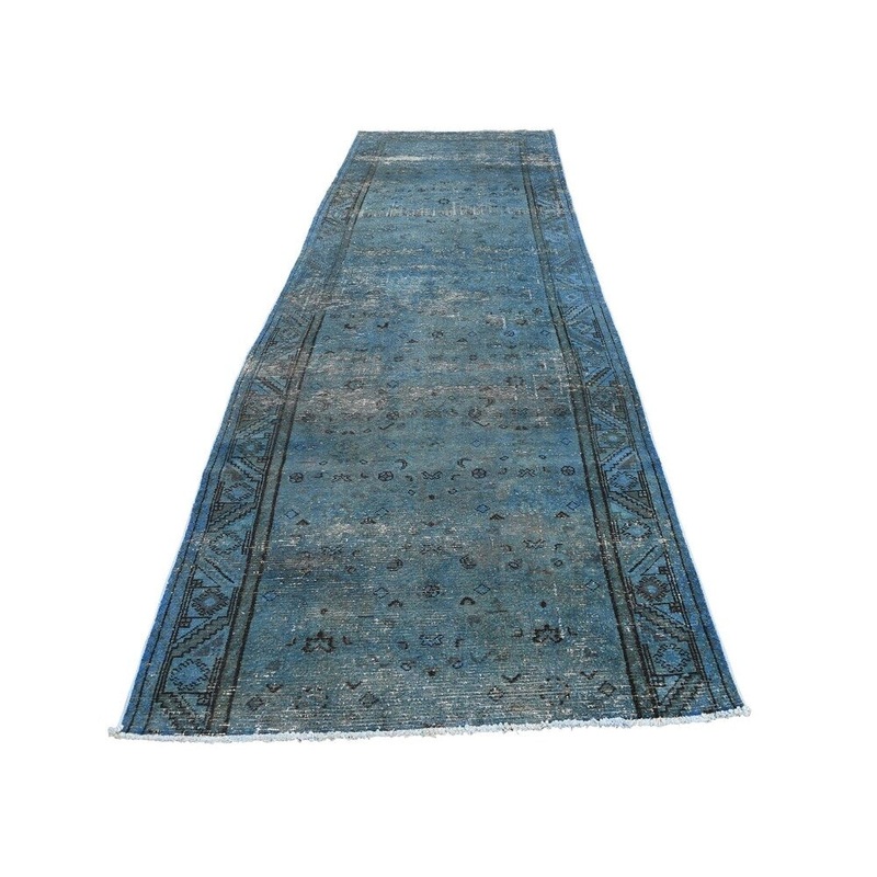 Shahbanu Rugs Hand Knotted Vintage Overdyed Persian Hamadan Fragment Wide Runner Rug (3'6" x 11'4") - 3'6" x 11'4"