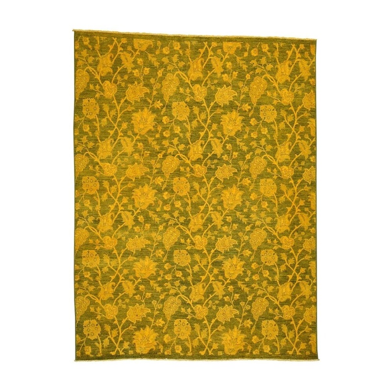Shahbanu Rugs Overdyed Peshawar Pure Wool Gold Hand Knotted Oriental Rug (8'0" x 10'7") - 8'0" x 10'7"
