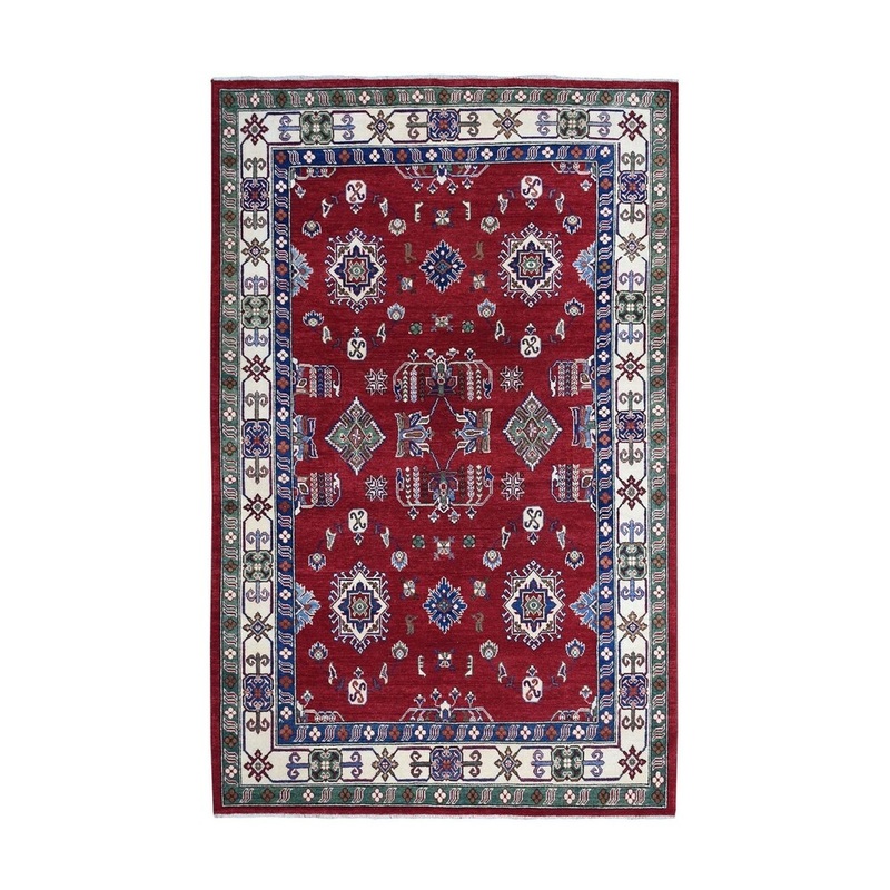 Shahbanu Rugs Red Geometric Design Kazak Pure Wool Hand-Knotted Oriental Rug (6'0" x 8'10") - 6'0" x 8'10"