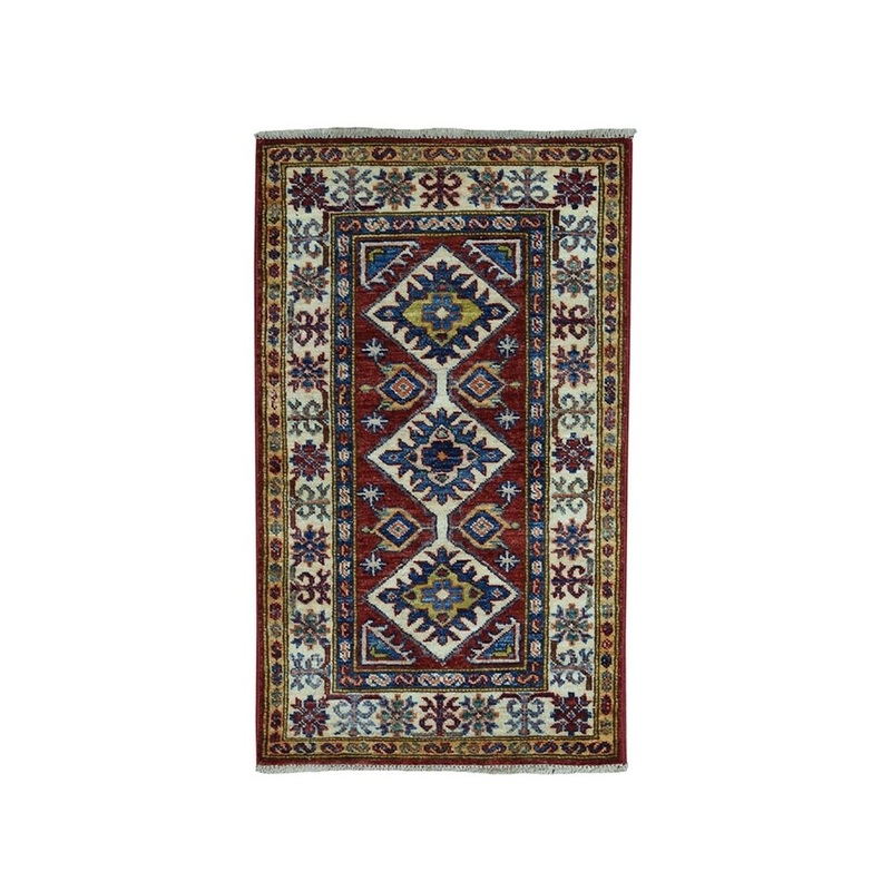 Shahbanu Rugs Red Super Kazak Pure Wool Geometric Design Hand-Knotted Oriental Rug (1'9" x 3'3") - 1'9" x 3'3"