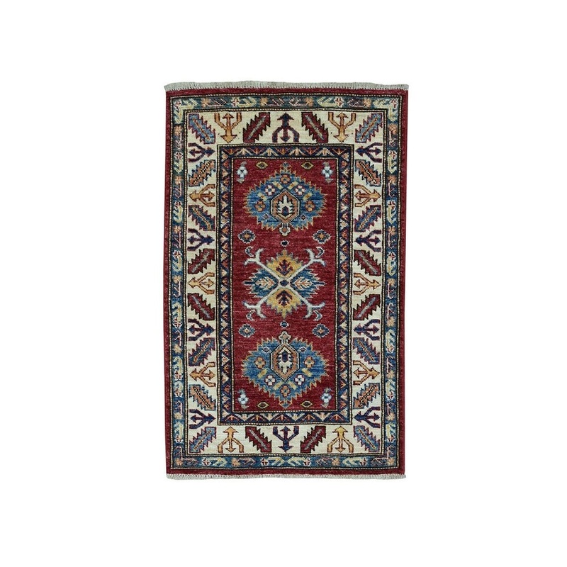 Shahbanu Rugs Red Super Kazak Pure Wool Geometric Design Hand-Knotted Oriental Rug (2'2" x 3'3") - 2'2" x 3'3"