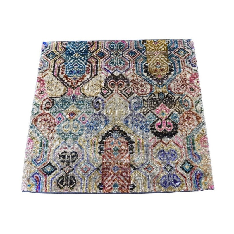 Shahbanu Rugs Sari Silk With Oxidized wool Square Hand-Knotted Oriental Sample Rug (2'0" x 2'0") - 2'0" x 2'0"