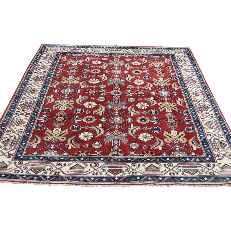 Shahbanu Rugs Squarish Red Special Kazak Hand-Knotted Pure Wool Oriental Rug (4'10" x 6'3") - 4'10" x 6'3"