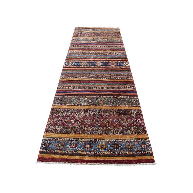 Shahbanu Rugs Super Kazak Khorjin Design Runner Hand-Knotted Pure Wool Rug (2'10" x 9'4") - 2'10" x 9'4"