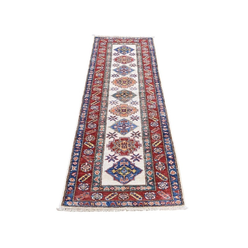 Shahbanu Rugs Super Kazak Pure Wool Geometric Design Runner Hand-Knotted Rug (2'0" x 6'2") - 2'0" x 6'2"