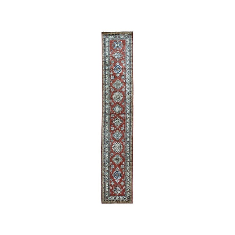 Shahbanu Rugs Super Kazak Pure Wool Geometric Design Runner Hand-Knotted Rug (2'9" x 12'9") - 2'9" x 12'9"