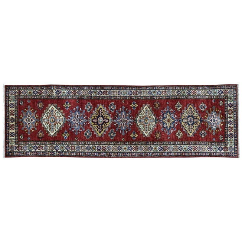Shahbanu Rugs Super Kazak Red Geometric Design Hand-Knotted Runner Oriental Rug (2'7" x 9'3") - 2'7" x 9'3"