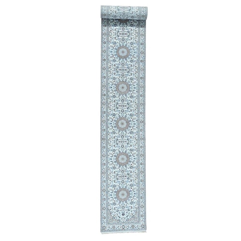 Shahbanu Rugs 250 Kpsi Hand-Knotted Wool And Silk Nain Ivory XL Runner Oriental Rug (2'9" x 16'5") - 2'9" x 16'5"
