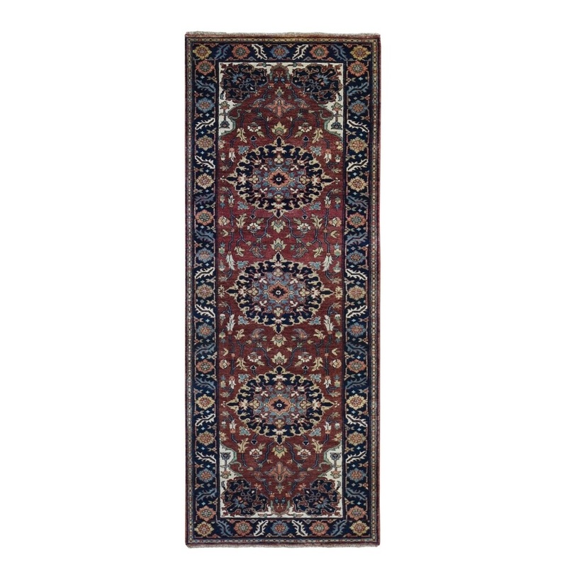 Shahbanu Rugs Antiqued Heriz Re-creation Runner Hand Knotted Pure Wool Oriental Rug (2'6" x 8'0") - 2'6" x 8'0"
