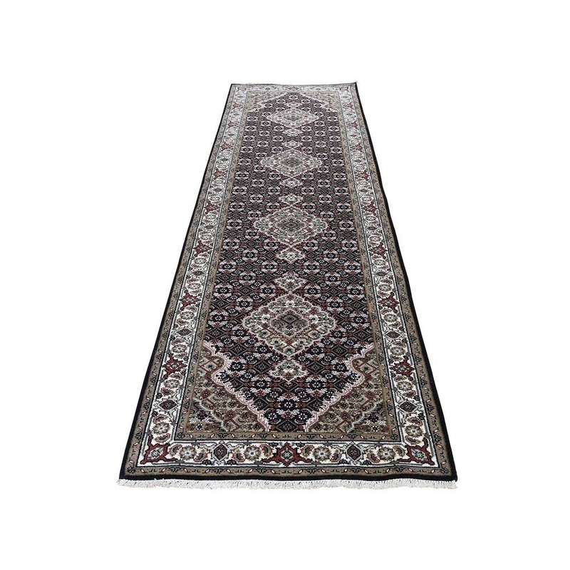 Shahbanu Rugs Black Tabriz Mahi Wool and Silk Hand-Knotted Oriental Runner Rug (2'8" x 10'2") - 2'8" x 10'2"