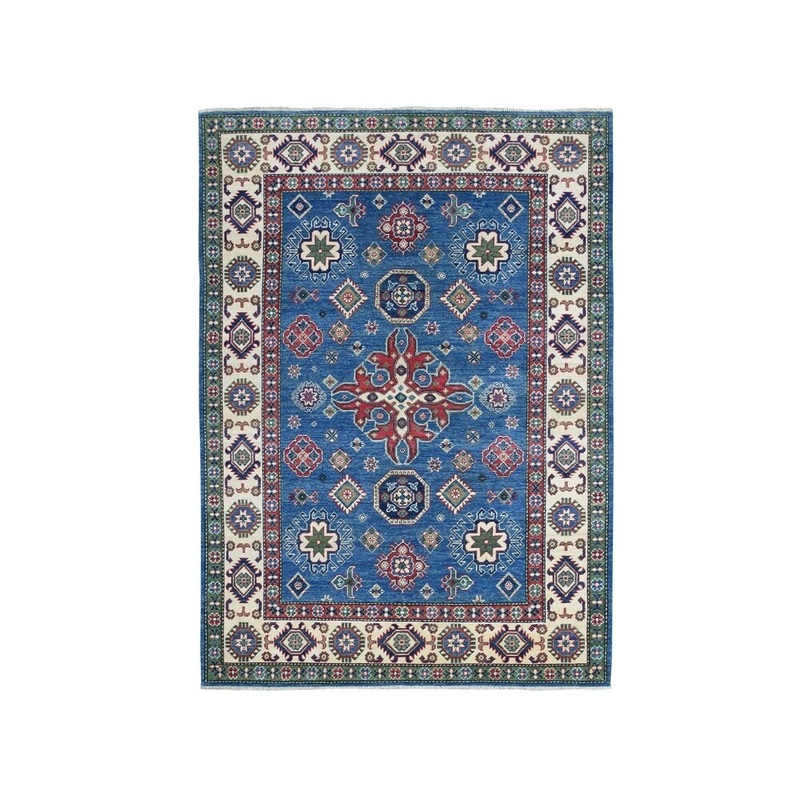 Shahbanu Rugs Blue Kazak Geometric Design Pure Wool Hand-Knotted Oriental Rug (5'0" x 7'3") - 5'0" x 7'3"