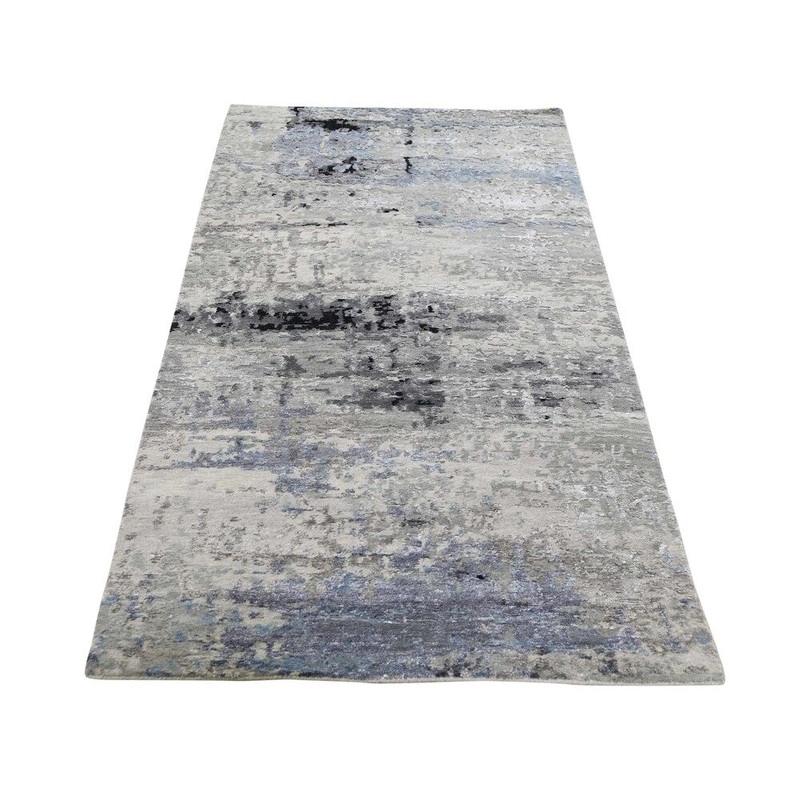 Shahbanu Rugs Gray Hi low Pile Abstract Design Runner Wool And Silk Hand-Knotted Rug (2'6" x 6'0") - 2'6" x 6'0"