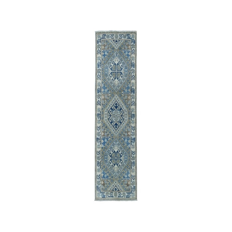 Shahbanu Rugs Gray Vintage Look Kazak Pure Wool Runner Hand-knotted Oriental Rug (2'0" x 5'10") - 2'0" x 5'10"