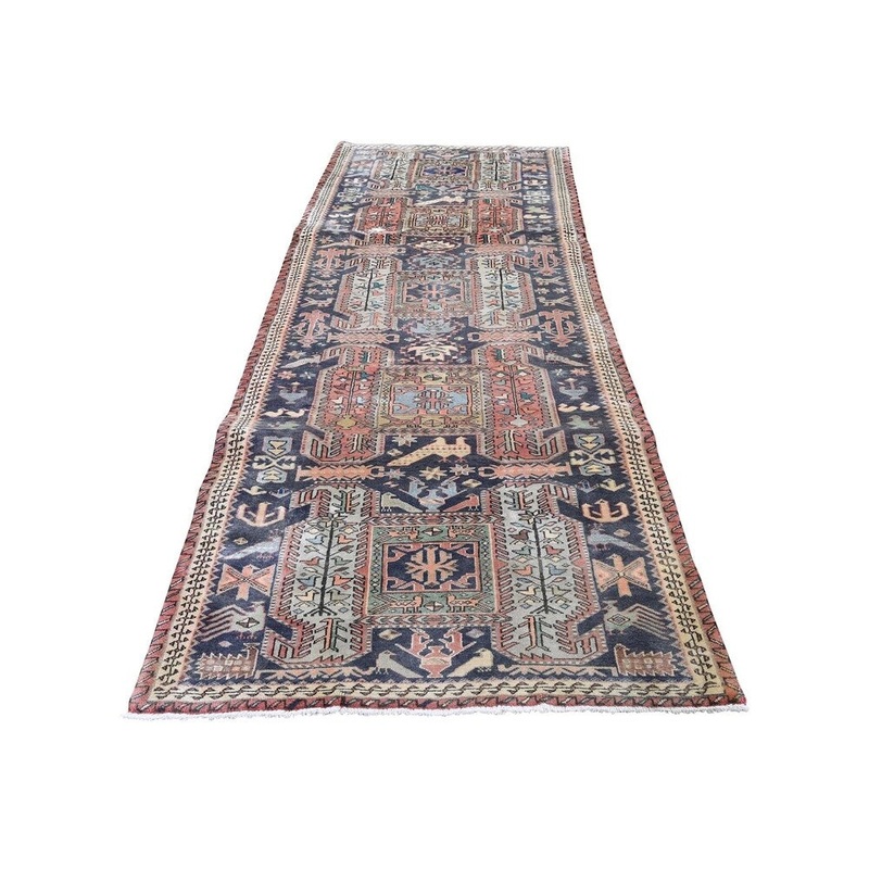 Shahbanu Rugs Grey Vintage North West Persian Bohemian Pure Wool Runner Rug (3'3" x 10'7") - 3'3" x 10'7"