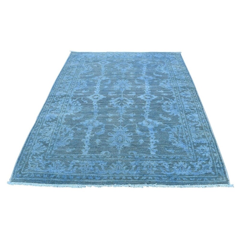 Shahbanu Rugs Hand Knotted Sliver Blue Cast Peshawar Overdyed Pure Wool Rug (4'0" x 6'0") - 4'0" x 6'0"