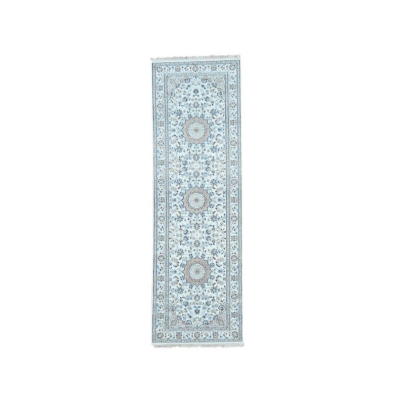 Shahbanu Rugs Hand-Knotted Wool and Silk 250 Kpsi Ivory Nain Runner Rug (2'9" x 8'0") - 2'9" x 8'0"