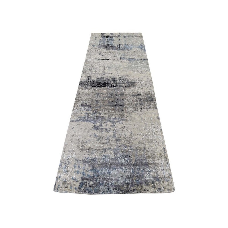 Shahbanu Rugs Hi-Low Pile Abstract Design Wool And Silk Runner Hand-Knotted Rug (2'7" x 7'8") - 2'7" x 7'8"