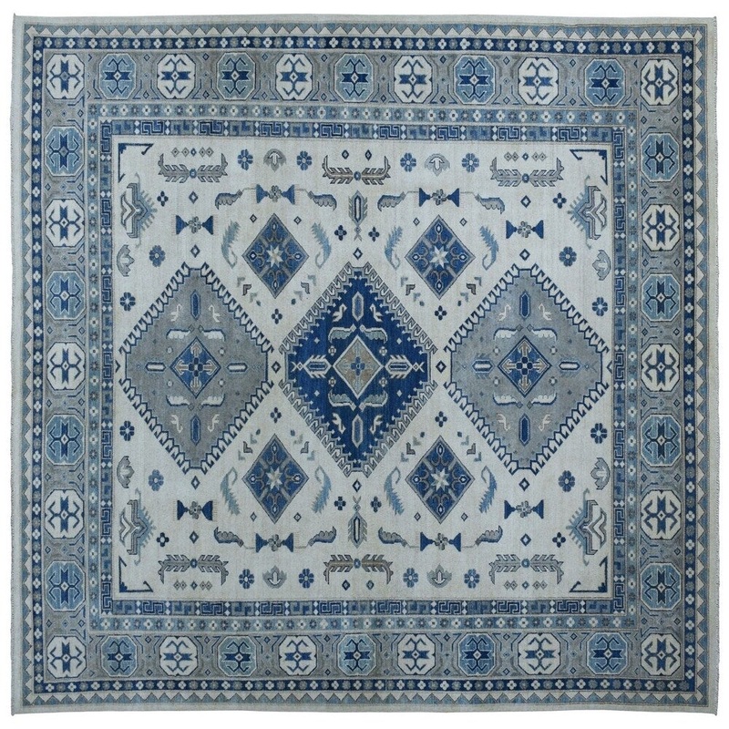 Shahbanu Rugs Ivory Hand-Knotted Vintage Look Kazak Pure Wool Oriental Rug (8'2" x 9'10") - 8'2" x 9'10"