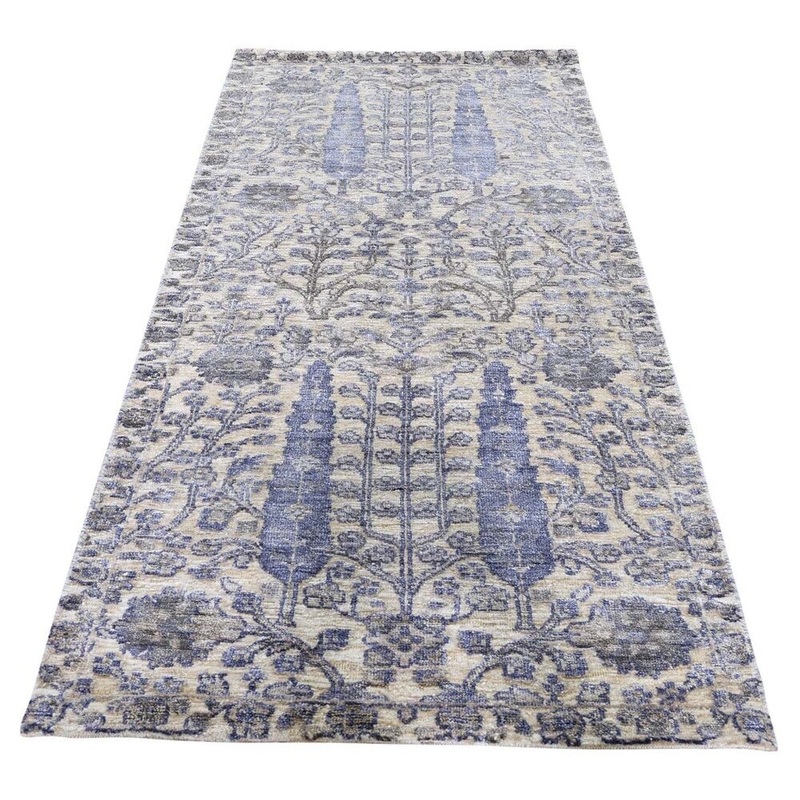 Shahbanu Rugs Ivory Willow And Cypress Tree Design Silk With Oxidized Wool Rug (2'7" x 6'0") - 2'7" x 6'0"