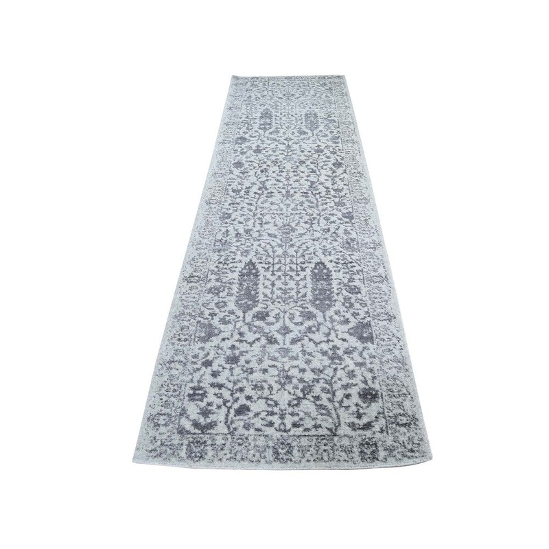 Shahbanu Rugs Jacquard Hand-Loomed Gray Broken Cypress Tree Design Silken Thick Rug (2'5" x 10'1") - 2'5" x 10'1"