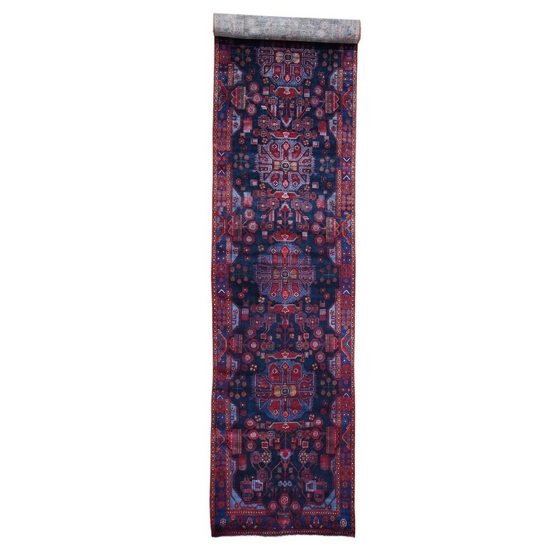 Shahbanu Rugs Navy Blue Persian Nahavand Galley Size Wide Runner Hand-Knotted Rug (3'8" x 17'1") - 3'8" x 17'1"