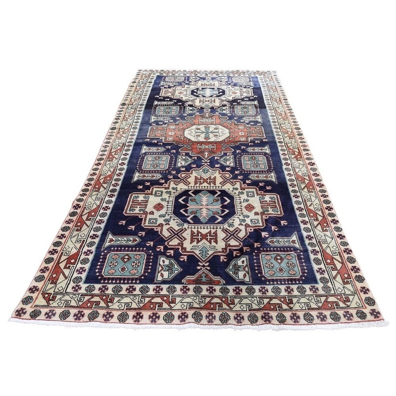 Shahbanu Rugs Navy Blue Vintage North West Persian Wide Runner Hand-Knotted Rug (4'5" x 9'10") - 4'5" x 9'10"