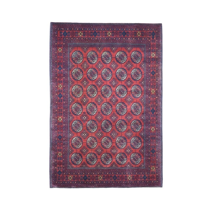 Shahbanu Rugs Red Elephant Feet Design Afghan Andkhoy Pure Wool Hand-Knotted Rug (4'2" x 6'5") - 4'2" x 6'5"