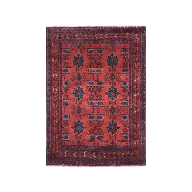 Shahbanu Rugs Red Geometric Design Afghan Andkhoy Pure Wool Hand-Knotted Rug (5'1" x 6'3") - 5'1" x 6'3"