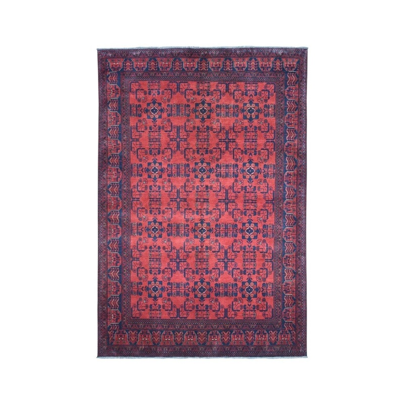 Shahbanu Rugs Red Geometric Design Afghan Andkhoy Pure Wool Hand-Knotted Rug (5'7" x 7'8") - 5'7" x 7'8"