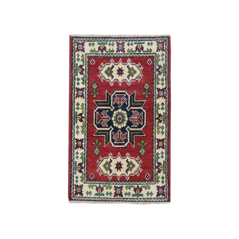 Shahbanu Rugs Red Geometric Design Kazak Pure Wool Hand-Knotted Oriental Rug (2'1" x 3'0") - 2'1" x 3'0"