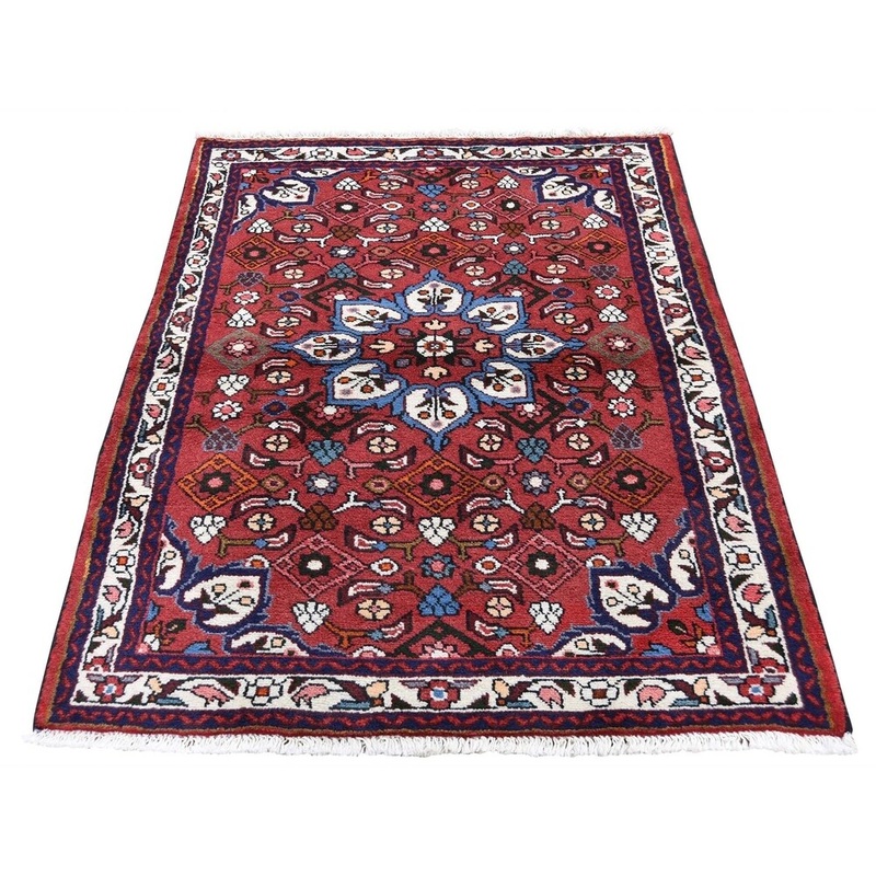 Shahbanu Rugs Red New Persian Hamadan Pure Wool Hand-Knotted Oriental Rug (3'4" x 4'10") - 3'4" x 4'10"