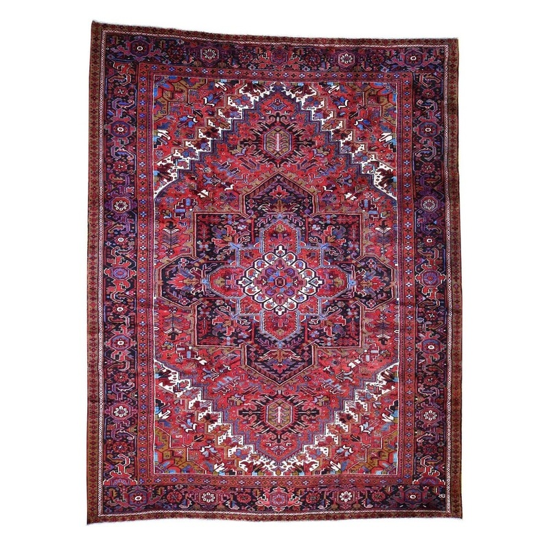 Shahbanu Rugs Red Semi Antique Persian Heriz Hand-Knotted Oriental Rug (10'0" x 13'0") - 10'0" x 13'0"