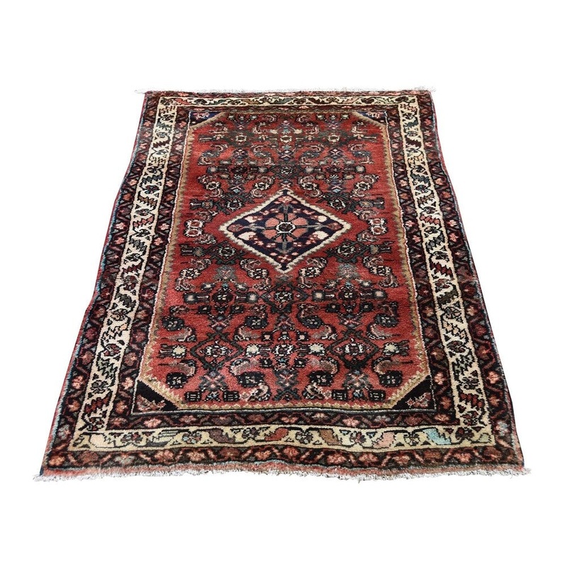 Shahbanu Rugs Vintage Bohemian Persian Hamadan Red Pure Wool Hand-Knotted Rug (2'7" x 4'8") - 2'7" x 4'8"