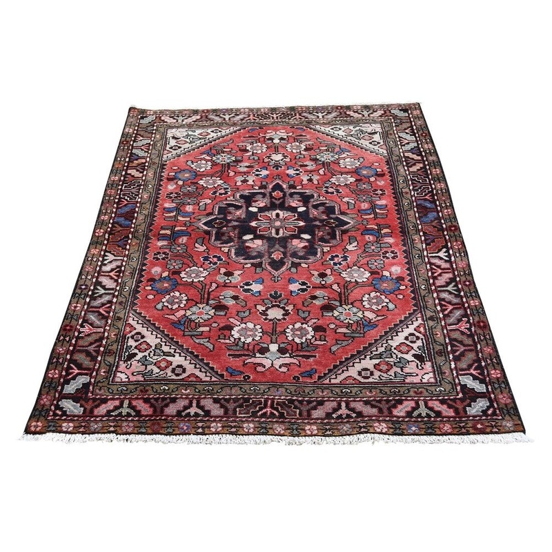 Shahbanu Rugs Vintage Bohemian Red Persian Lilahan Pure Wool Hand-Knotted Rug (3'5" x 5'3") - 3'5" x 5'3"