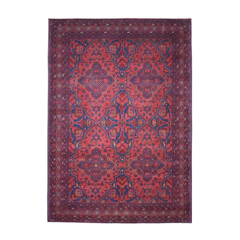 Shahbanu Rugs Vintage Look Red Geometric Afghan Andkhoy Pure Wool Hand-Knotted Rug (6'10" x 10'0") - 6'10" x 10'0"