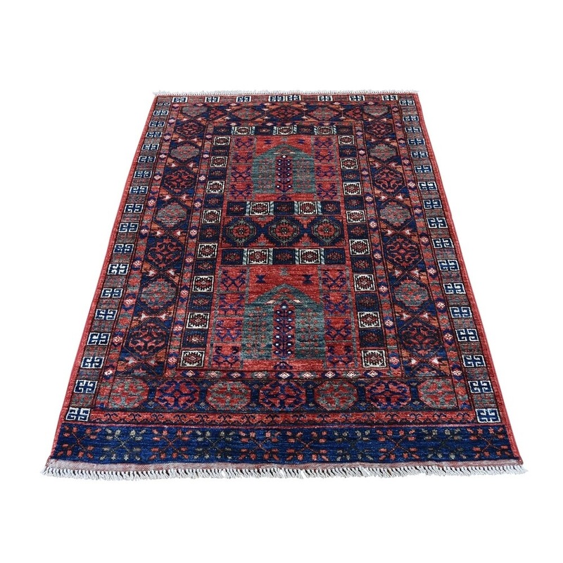 Shahbanu Rugs Afghan Ersari Prayer Design Pure Wool Hand-Knotted Oriental Rug (3'5" x 4'10") - 3'5" x 4'10"