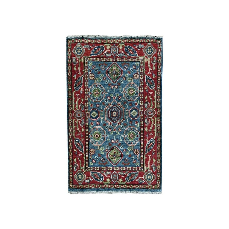 Shahbanu Rugs Blue Kazak Geometric Design Pure Wool Hand-Knotted Oriental Rug (2'0" x 2'8") - 2'0" x 2'8"