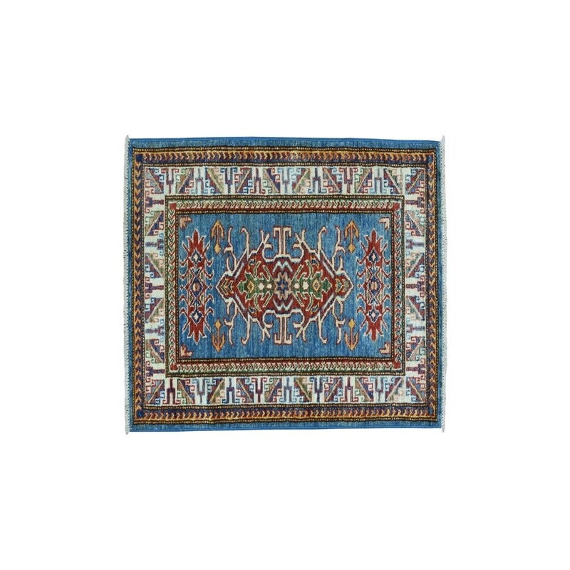 Shahbanu Rugs Blue Super Kazak Pure Wool Geometric Design Hand-Knotted Oriental Rug (2'0" x 3'2") - 2'0" x 3'2"
