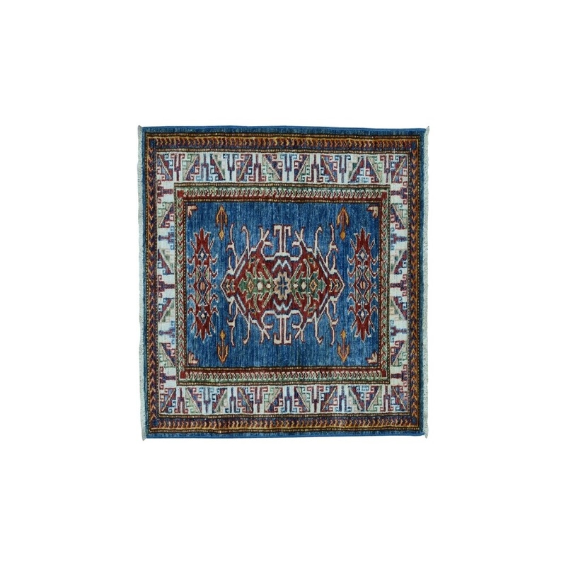 Shahbanu Rugs Blue Super Kazak Pure Wool Geometric Design Hand-Knotted Oriental Rug (2'2" x 3'0") - 2'2" x 3'0"