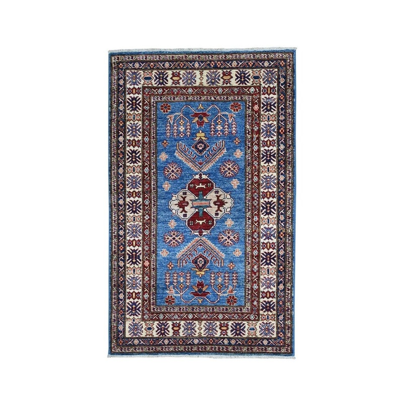 Shahbanu Rugs Blue Super Kazak Pure Wool Geometric Design Hand-Knotted Oriental Rug (3'3" x 4'10") - 3'3" x 4'10"