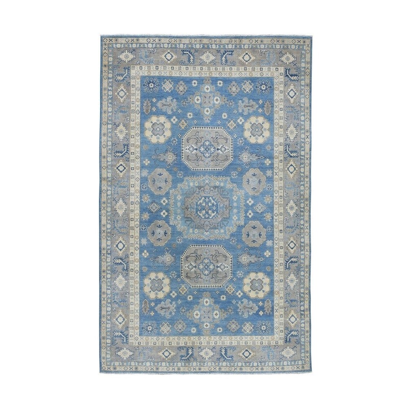 Shahbanu Rugs Blue Vintage Look Kazak Pure Wool Hand-Knotted Oriental Rug (6'0" x 8'10") - 6'0" x 8'10"