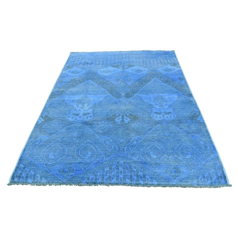 Shahbanu Rugs Hand Knotted Denim Blue Cast Ikat Overdyed Pure Wool Oriental Rug (4'0" x 6'4") - 4'0" x 6'4"