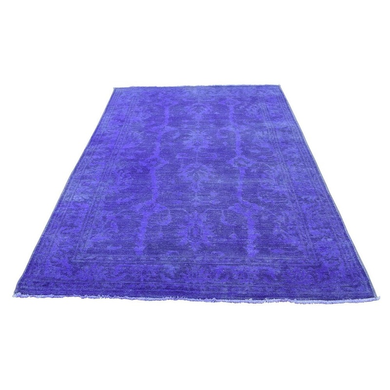 Shahbanu Rugs Hand Knotted Purple Cast Overdyed Peshawar Pure Wool Rug (4'1" x 6'4") - 4'1" x 6'4"