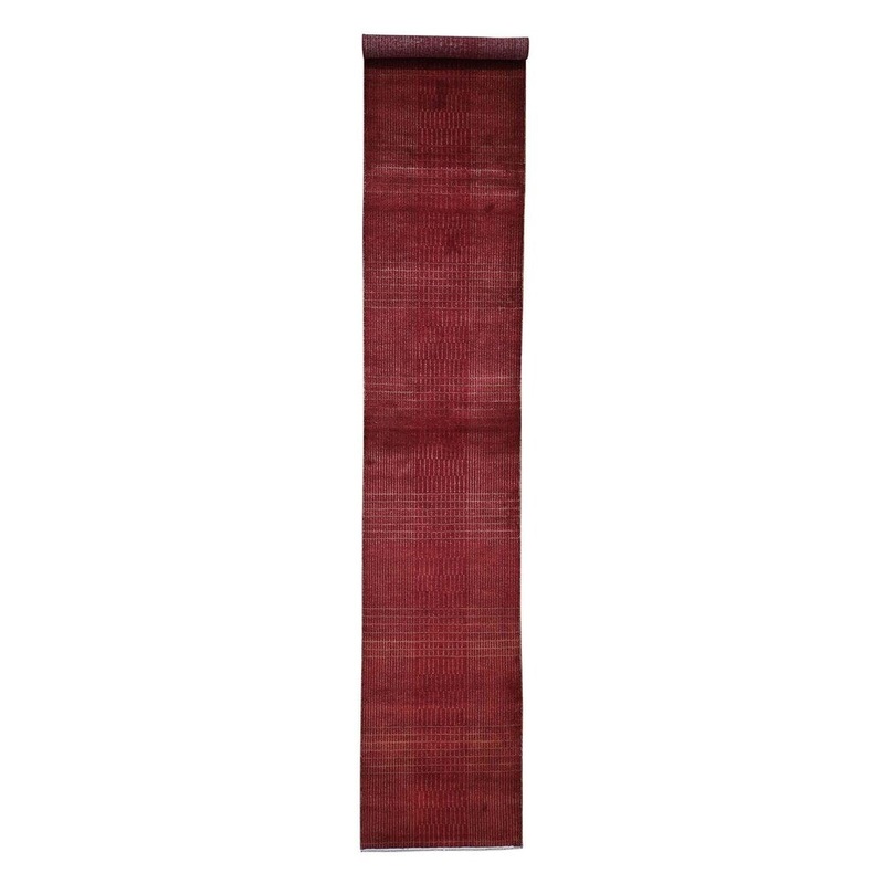 Shahbanu Rugs Hand-Knotted Wool and Silk Tone-on-Tone Red Nepali Runner Oriental Rug (2'4" x 11'2") - 2'4" x 11'2"
