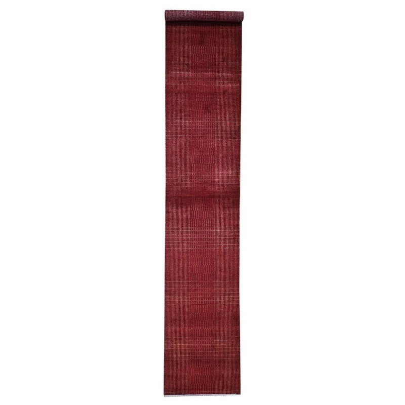 Shahbanu Rugs Hand-Knotted Wool and Silk Tone-on-Tone Red Nepali Runner Oriental Rug (2'4" x 11'3") - 2'4" x 11'3"