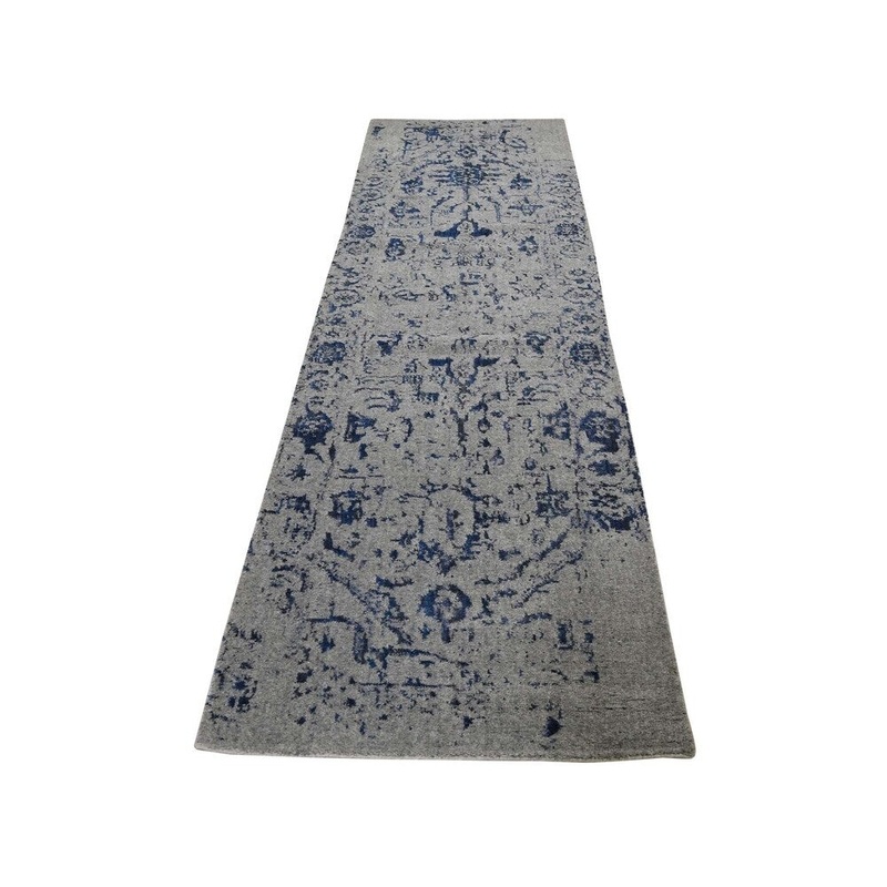 Shahbanu Rugs Jacquard Hand-Loomed With Broken Persian Heriz Design Blue Runner Rug (2'5" x 8'1") - 2'5" x 8'1"