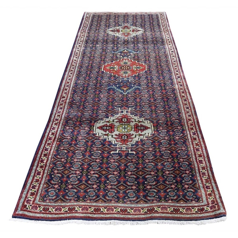 Shahbanu Rugs Navy Vintage Persian Fish Design Hand-Knotted Runner Oriental Rug (3'0" x 9'5") - 3'0" x 9'5"